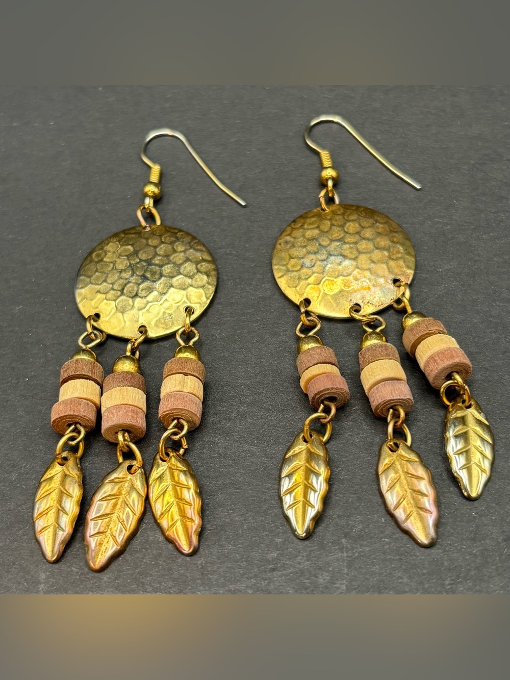 Vintage Brass Hammered Disc Wood Bead Leaf Chandelier Boho Dangle Drop Earrings